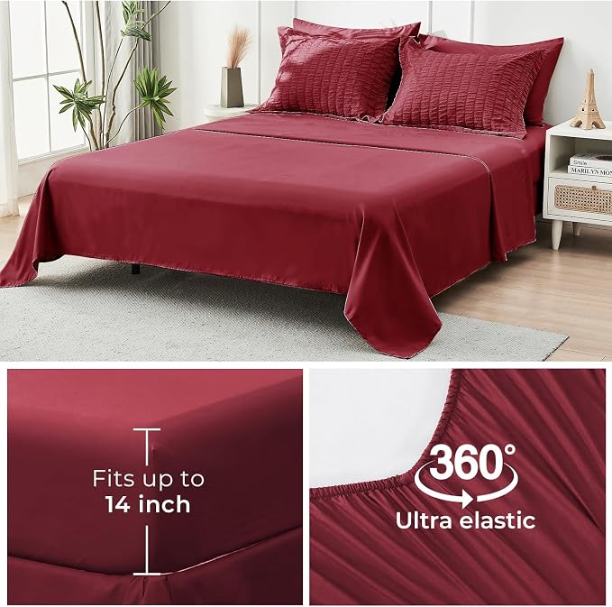 HYMOKEGE Burgundy California King Comforter Set Seersucker 7 Pieces, All Season Luxury Bed in a Bag for Bedroom, Bedding Set with Comforters, Sheets, Pillowcases & Shams