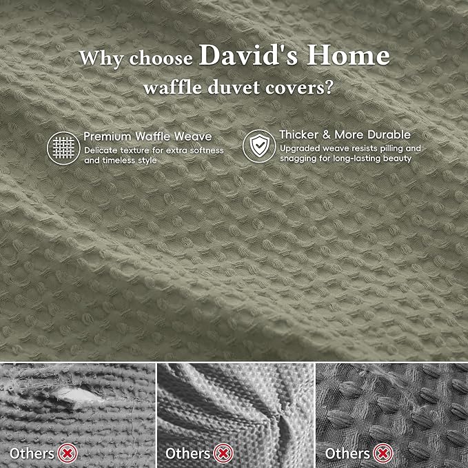 David's Home Textured Waffle Weave Duvet Cover Set, Twin Size, Dusty Sage | Breathable Cozy for All Season, 300GSM, 2PCS Home Bedding Decor, OEKO-TEX Certified, Hidden Zipper, 6 Corner Ties, 68" X 90"
