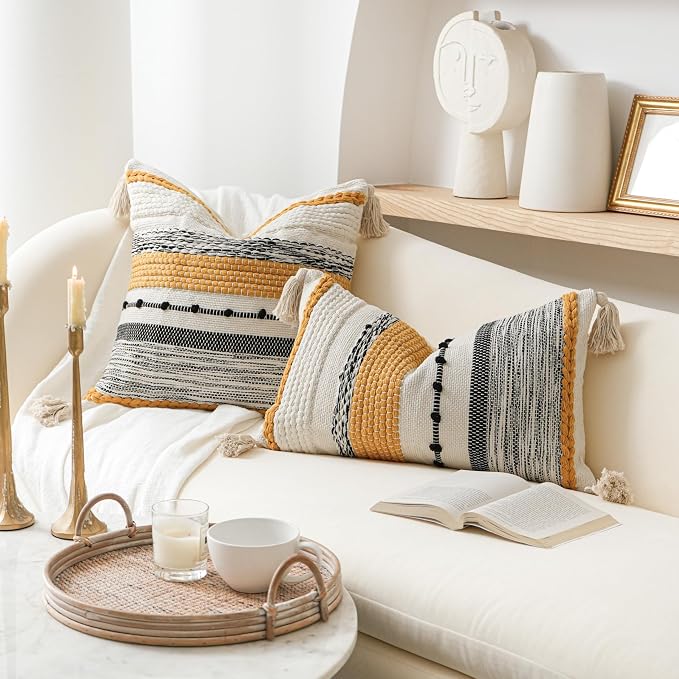 Boho Decorative Throw Pillow Cover 22x22 Square Yellow Mustard Accent Pillowcase Tassels Farmhouse Cushion for Couch Sofa Bedroom Living Room Home Décor Cover ONLY (Pack of 1)