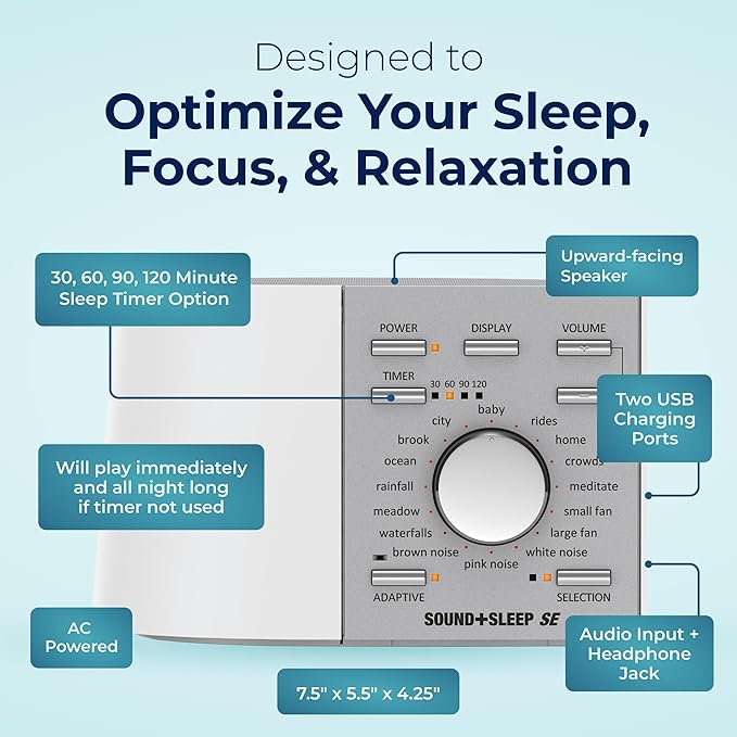 Adaptive Sound Technologies Sound + Sleep SE White Noise Machine, White | White Noise Machine for Focus Support with a Convenient Sleep Timer, Built-in Headphone Jack, and Precision Volume Settings