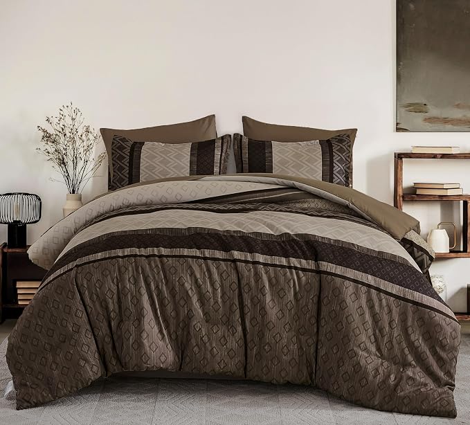 Cottolester Boho Fall Comforter Set Queen Size,Striped Bed in a Bag | Light Brown Plaid Comforter Set,7 Piece Soft Microfiber Bedding Sets
