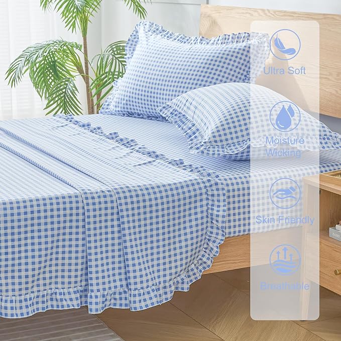 Gingham Queen Sheet Set, Lightweight Super Soft Brushed Microfiber Plaid Bed Sheets with 16" Deep Pocket, 4 Piece Ruffle Farmhouse Bedroom Decor, Blue