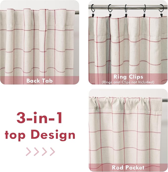 DriftAway 100% Blackout Plaid Linen Curtains 102 Inches Long 2 Panels Red | 100% Blackout, Linen Texture, Plaid Pattern, Two Layers, Rod Pocket & Back Tab, Bedroom Living Room Use, Luxury Appearance