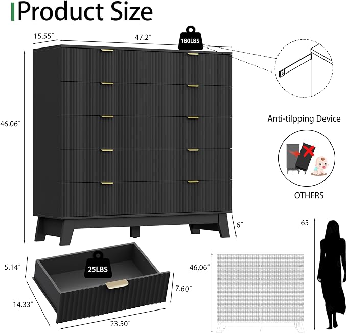 Xixini Fluted Dresser for Bedroom with 10 Drawers, 48" Wide Modern Chest of Drawers with Metal Handle, Wooden Dresser TV Stand, Wood Closet Clothes Storage Organizer for Living Room, Hallway, Black