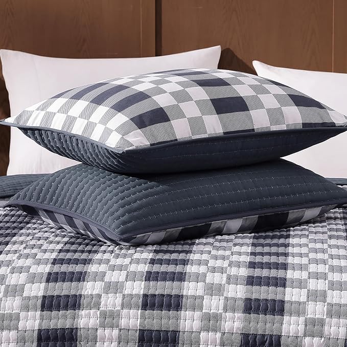 King Quilt-Lightweight Bedspread Plaid Quilt King Size Quilt Bedding Set | Navy Reversible Neutral Coverlet with 2 Shams for All Seasons, Suitable for Bed, Couch, 3 Pieces, 106"x94"