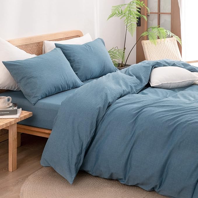 BESTOUCH Cotton Solid Duvet Cover Set Linen Feel Dark Blue Queen | 100% Washed Cotton, Soft Wrinkle Texture, Hidden Zipper, 8 Ties, Breathable Lightweight Durable Comfy, 3 Pcs No Insert