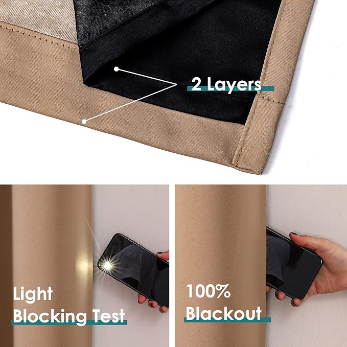 ChrisDowa 100% Blackout Curtains for Bedroom 84 Inches Long 2 Panels Set | 2 Thick Layers, Thermal Insulated, Light Blocking, Grommet, Window Treatment, Living Room Drapes, Cappuccino, 52 x 84 Inch
