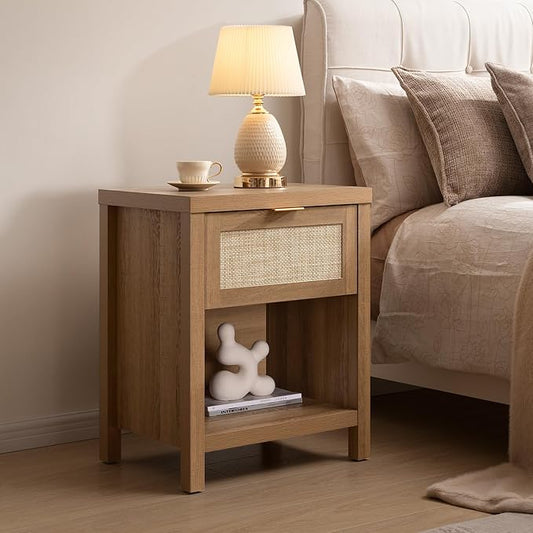 SICOTAS Rattan Nightstand 19.7" Boho Night Stand with Drawer | and Storage Shelf Modern Bedside Table End Side Table for Bedroom,Oak