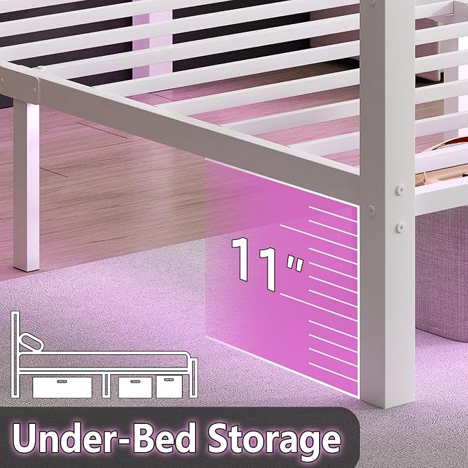 CLIBFENG Queen Size Bed Frame with Headboard and Footboard,Steel Slats Support-LED Bed Frame with USB Charging Station,Mattress Foundation-Under Bed Storage,No Box Spring Needed,Noise Free,White