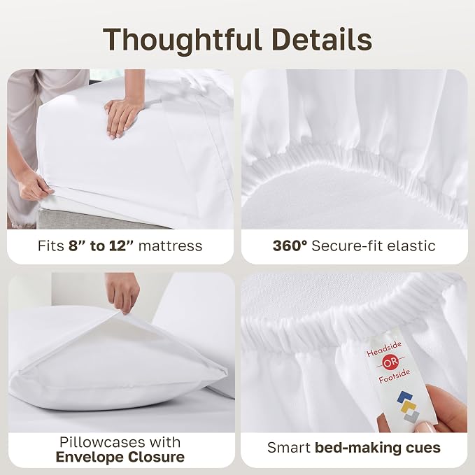 2-Pack Soft Natural 100% Cotton Sateen XL Twin Sheets Sets, Bright White | Backed by Good Housekeeping Seal, Light & Breathable For Hot Sleepers, All-Around Elastic, Durable, Easy Care
