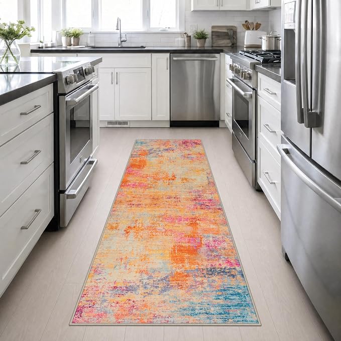 2.6x10 Washable Runner Rug:Modern Abstract Soft Carpet Galaxy Haze | For Hallway, Bedroom, Kitchen, Laundry, Bathroom,Door Mat,Modern Abstract,Machine washable,Non-Slip,Stain Resistant,Indoor