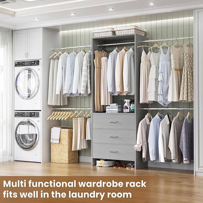 Aheaplus Closet System, 4.2-9Ft Closet Organizer with with 4 Rods, Grey | for Walk in Closet, Wardrobe Clothes Rack with Wooden Drawers, Garment Rack