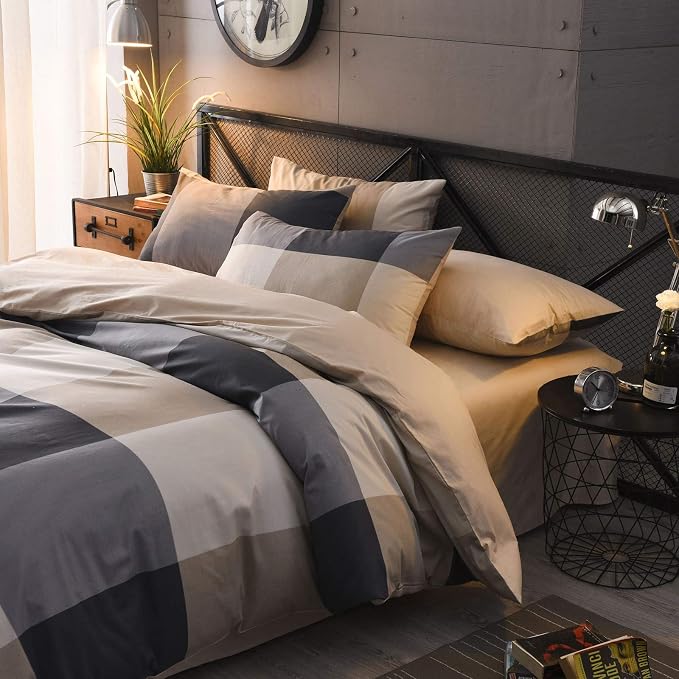 King Comforter Set Plaid 3 Pieces Soft Bedding Plaid Comforter Vintage Style Checkered Gingham King Comforter Set for All Seasons 1 Comforter and 2 Pillowcases