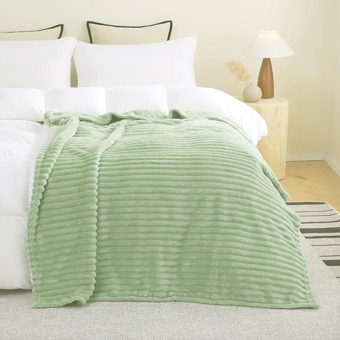 Cream Green Fleece Throw Blanket 50”×60” for Couch Sofa Livingroom | Super Soft Cozy Plush Microfiber Flannel Bed Blanket Striped Design Lightweight Home Decor Gifts for Adults Mom Women