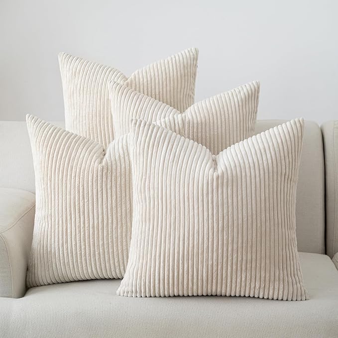 Volcanics Set of 4 Beige Cream Corduroy Couch Throw Pillow Covers 18x18 in | Decorative Modern Double-Sided Striped Cushion Cases, Soft Boho Square Accent Pillow Covers, Mix and Match for Home Decor