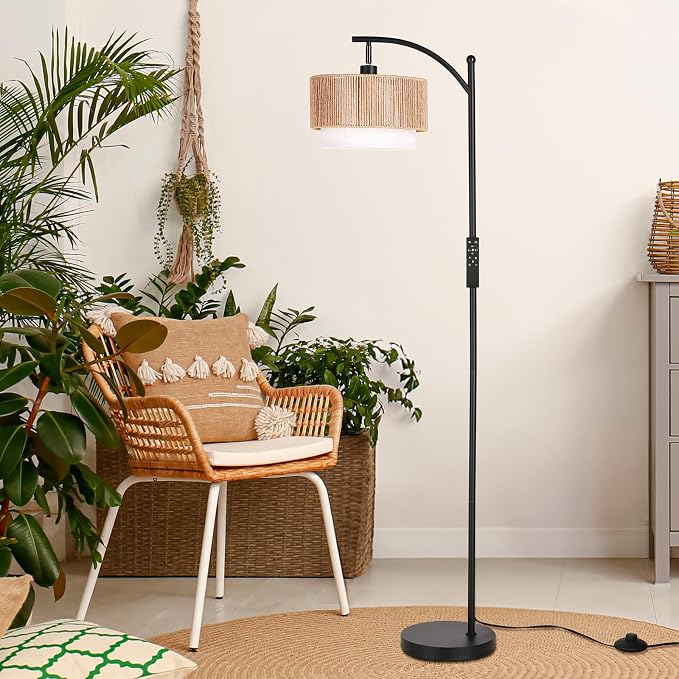 SUNMORY Arc Floor Lamps for Living Room with 12W Remote and Dimmable Bulb | Farmhouse Floor Lamps with Adjustable Rattan & Fabric Shades, LED Lamp, Boho Standing Lamp for Bedroom, Corner, Home Decor