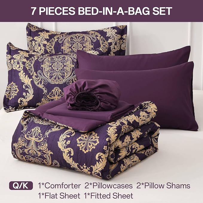 WONGS BEDDING Purple Comforter Set Queen Size,Damask Texture 7 Pieces Bed in a Bag Microfiber Comforter Bedding Sets -1 Comforter, 1 Flat Sheet, 1 Fitted Sheet, 2 Pillow Shams, 2 Pillowcases