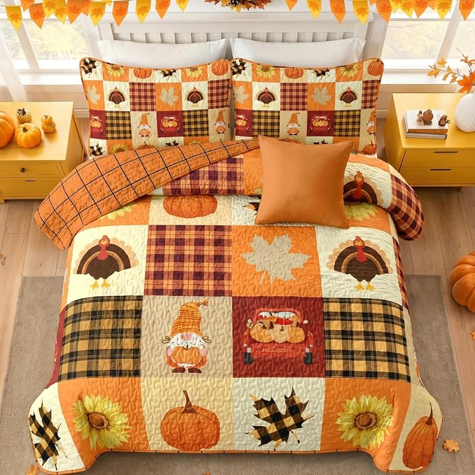 Fall Patchwork Quilt Set Queen Size 3 Piece Thanksgiving Bedding Set Orange | Sunflower Maple Leaves Pumpkin Pattern Bedspread Coverlet, Soft Microfiber Cozy Farmhouse Autumn Bedding Decor (96"x90")