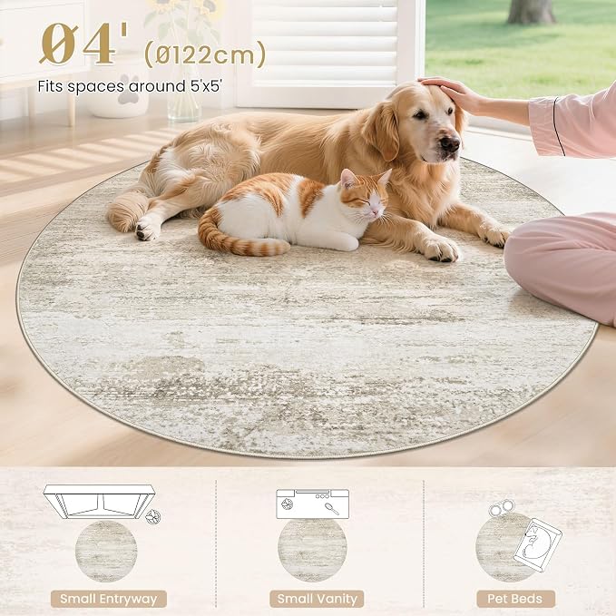 Washable Round Rug 4ft for Bedroom: Circle Neutral Soft Rug Abstract Non Slip Low Pile Modern Area Rugs for Living Room Nursery Office Dining Kids Boys Girls Room Farmhouse Dorm (Beige, 4' Round)