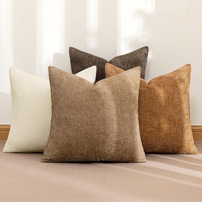 MIULEE Decorative Chenille Fall Euro Pillow Covers Brown 24x24 Pack of 4 | Rustic Home Decor, Layered Brown Collection, Couch Throw Pillows, Farmhouse Boho Cushion Covers for Sofa Bed Living Room