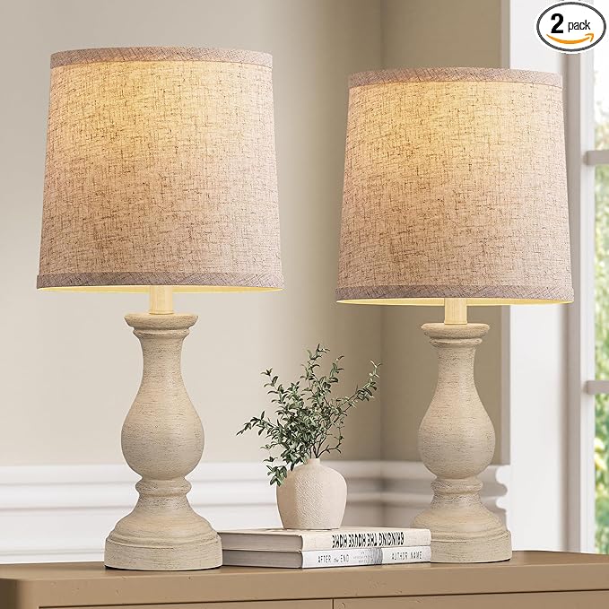 Seealle Farmhouse Table Lamps Set of 2 - Rustic Lamp for Bedroom Living Room, 22" Boho Bedside Lamps for Night Stands End Table Office Desk Lamp Nightstand Clearance with Linen Shades(Antique Yellow)