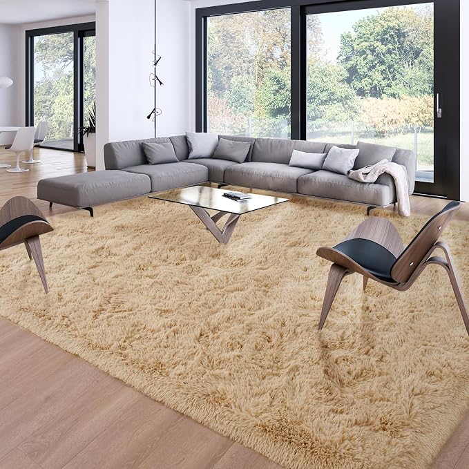 Soft Modern Indoor Large Shaggy Rug for Livingroom Bedroom Dorm Kids Room Home Decor, Non-Slip Plush Fluffy Furry Fur Area Rugs Comfy Nursery Accent Floor Carpet 9x12 Feet, Light Tan