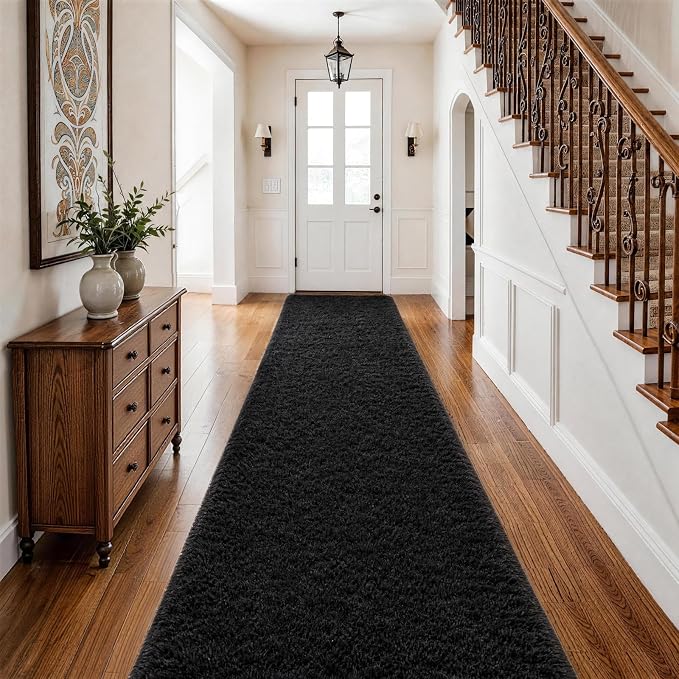Ophanie Runner Rug for Hallway,2.5x12 Washable Non-Slip Fluffy Soft Bedside Rugs,Bedroom Living Room Shaggy Carpet for Kids Girls Boys Dorm Nursery Decor Aesthetic,Black with Over 99 pcs Pile fibers