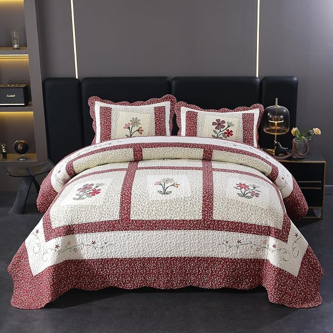 vctops Christmas Red 3 Piece Embroidered Floral Quilted Bedspread Quilt Set 100% Cotton Reversible Patchwork Coverlet Set 1 Quilt and 2 Pillow Shams (Red,King)