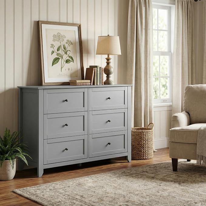 Garvee Grey 6-Drawer Dresser for Bedroom, 41.7" L Entryway Storage Drawers | Modern Lacquered Chest of Drawers, 15.8"D x 41.7"W x 31.5"H, Storage Dresser with Deep Drawers for Hallway Entryway