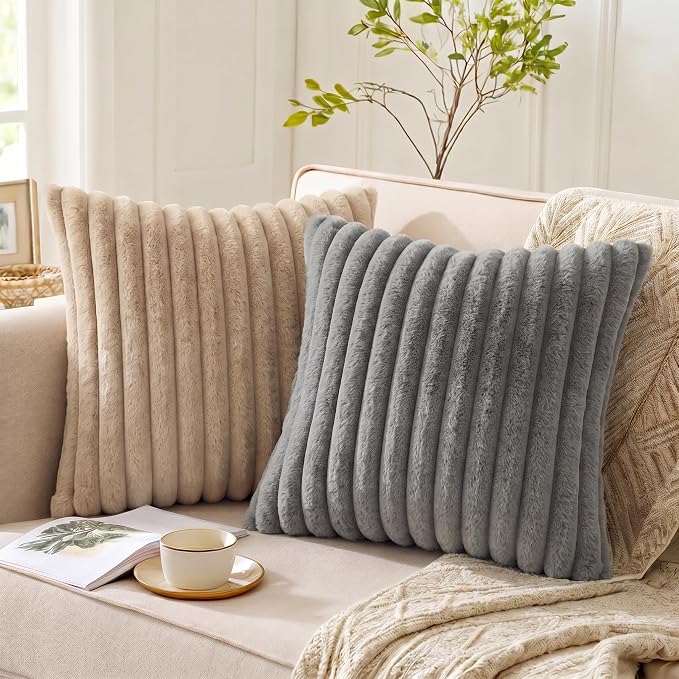 Pack of 2 Throw Pillow Covers 18x18 Decorative Solid Plush Faux Fur with Soft Velvet Back, Square Striped Cushion Cases Modern Farmhouse Home Decor for Living Room Couch Sofa Bed Dark Gray