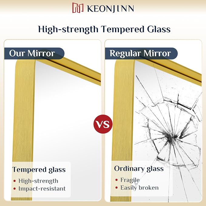 Keonjinn 30 x 36 Inch Brushed Gold Bathroom Vanity Mirror, Aluminum Frame | HD Tempered Glass, Brass Bathroom Mirrors for over Sink, Anti-Rust Aluminum Frame, Rounded Rectangle, French Cleat Mount