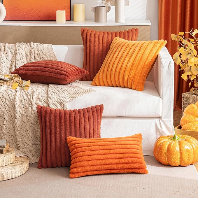 MIULEE Fall Faux Fur Decorative Throw Pillow Covers 16x16 Set of 2 Rust | Vintage Boho Fall Modern Soft Plush Couch Pillows, Cozy Fluffy Cushion Covers for Sofa Bed Living Room Home Decor