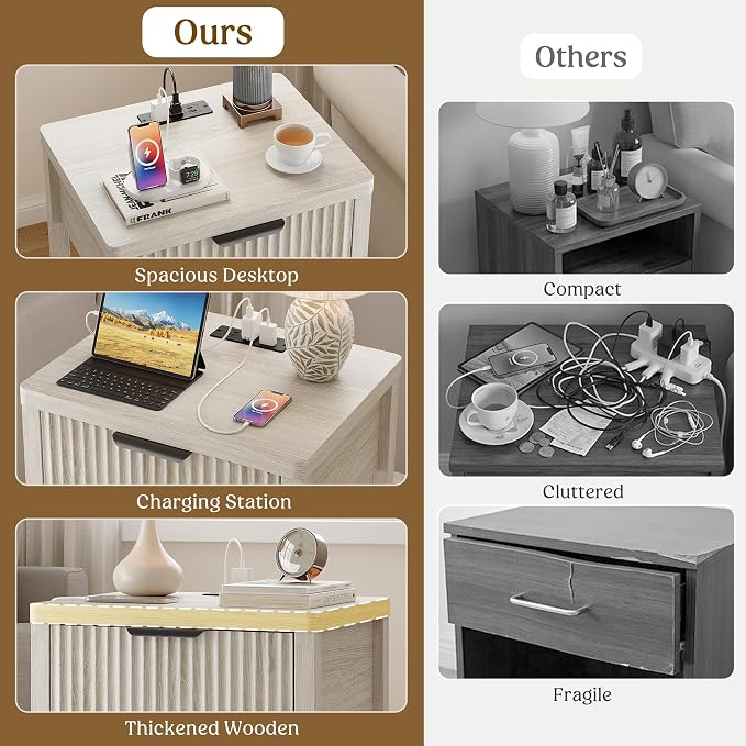 Night Stand Set 2, Fluted Wood Nightstands w/Charging Station for Bedroom | Grey White, Storage Drawer, Open Shelf, Metal Silent Rails, Round Corners, Modern Fluted Panel, Living Room, Bedside Table