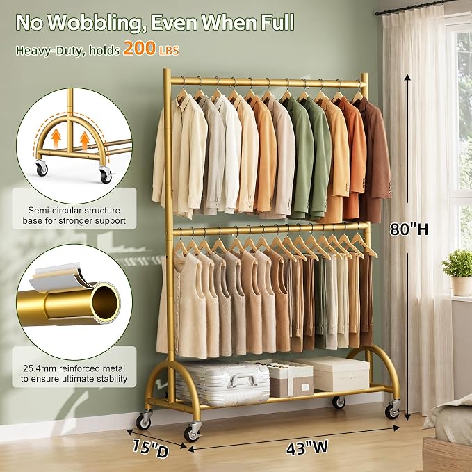 MISSLO Heavy Duty Clothing Racks for Hanging Clothes Double Rod Rolling Gold Clothes Rack with Wheels for Coats, Garment Closet Storage, Gold