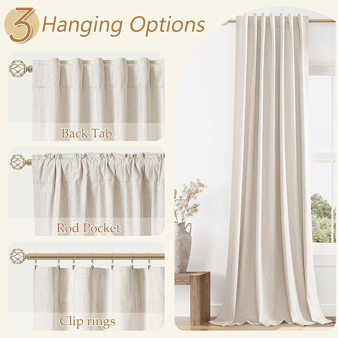 100% Blackout Linen Curtains 63 Inch Length 2 Panels Set for Living Room Bedroom Back Tab Thermal Insulated Black Out Drapes Room Darkening Farmhouse Style for Bedroom Window Curtains 52x63