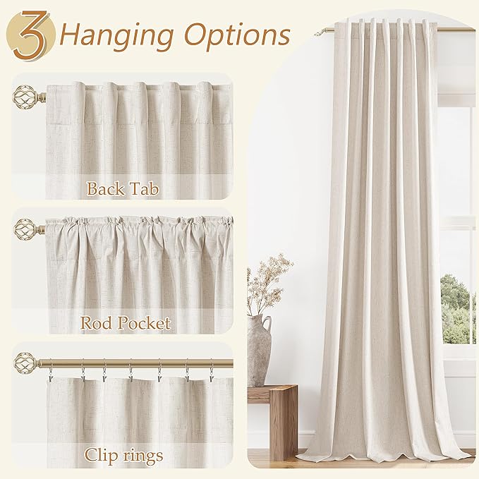 100% Blackout Linen Curtains 84 Inch Length 2 Panels Set for Living Room Bedroom Back Tab Thermal Insulated Black Out Drapes Room Darkening Farmhouse Style for Bedroom Window Curtains 52x84