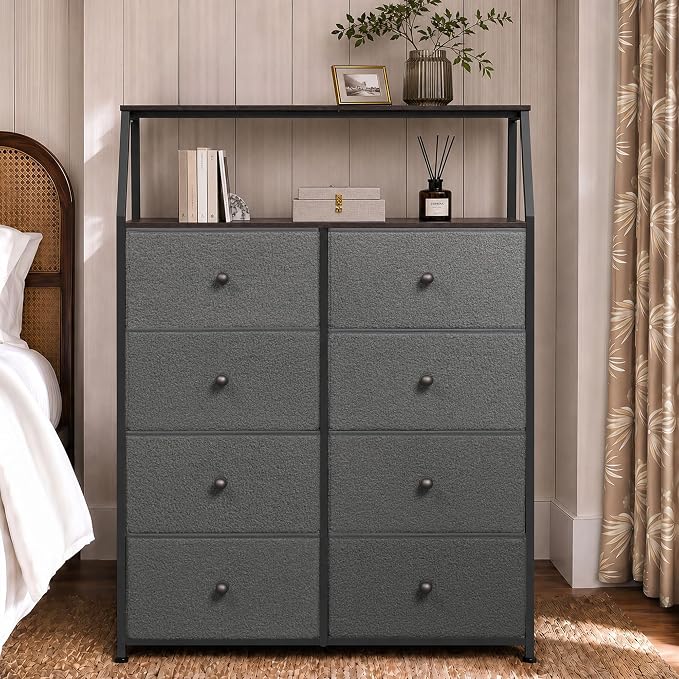 WLIVE Grey Boucle 8-Drawer Fabric Dresser Storage Tower Bedroom | Boucle fabric 8-drawer storage tower with open shelves and wood top, stylish for bedroom closet living room decor