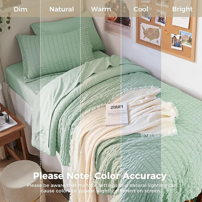 HYMOKEGE Sage Green Twin XL Comforter Set Seersucker 5 Pieces, All Season Luxury Bed in a Bag for Bedroom, Bedding Set with Comforter, Sheets, Pillowcase & Sham