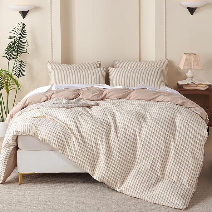 Comforter Queen Set Beige Striped Soft Luxury Washed Microfiber Jacquard 3 Pieces Bedding, White Beige Vertical Ticking Stripes Pattern Comforter with 2 Pillowcases Breathable Durable Comfy