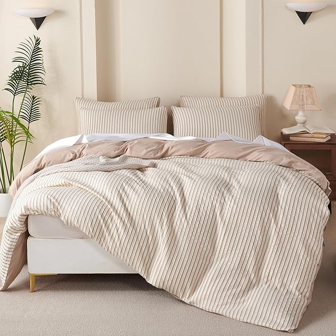 Comforter King Set Beige Striped Soft Luxury Washed Microfiber Jacquard 3 Pieces Bedding, White Beige Vertical Ticking Stripes Pattern Comforter with 2 Pillowcases Breathable Durable Comfy