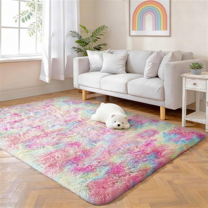 Ophanie 5x7 Rainbow Rug for Bedroom Girls, Unicorn Colorful Fluffy Soft Cute Fuzzy Area Rugs, Shag Plush Shaggy Bedside Floor Furry Carpet for Kids Baby Teen Dorm Nursery Home Decor Aesthetic