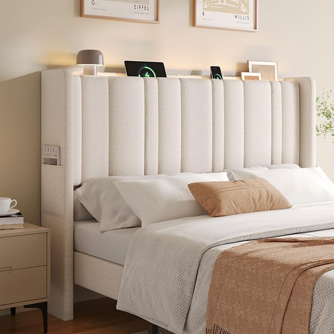 ONBRILL Queen Size Headboard with Storage, LED Light, Off White | Linen Vertical Wingback Headboard w/ Charging Station, Upholstered Head Board w/ High-Density Foam Padding, 2 Storage Pockets