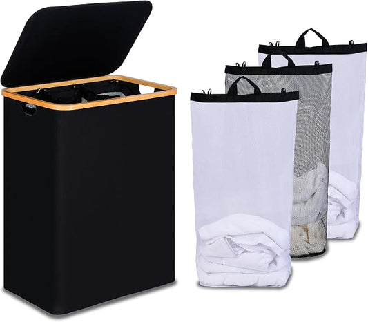 efluky Laundry Hamper with Lid, Trio Laundry Basket with 2 Removable Bags, 3 Section Laundry Bin with Bamboo Handles for Bathroom, Bedroom & Laundry Room, 160L (42.3 Gallon) Black