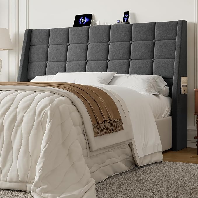 Queen Size Headboard with Charging Station, Wingback Ergonomic Headboards | Wingback Upholstered Bed Head Board with Storage Pocket, Sturdy Stable Solid Wood Headboard, Bed Frame Adapters, Dark Grey