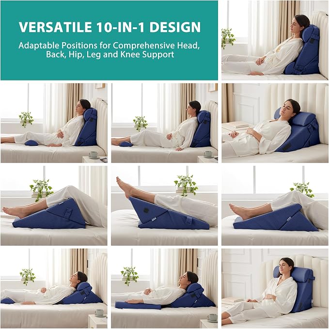 Adjustable 4pcs Bed Wedge Pillow Set, Memory Foam Wedges Pillow Post Surgery for Back, Neck, Leg Pain Relief, Pillows Wedge for Sleeping, Sitting up in Bed, Acid Reflux and GERD, Navy Blue