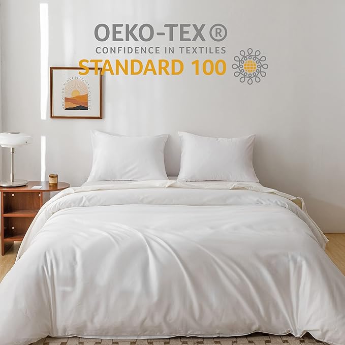 HeimenAogo Egyptian Cotton Duvet Cover Full Size Sateen Weave, Silky Soft and Breathable Bedding Set with Zipper Closure, Long Staple Cotton Bed Linen Pure White 3Pcs (80"×90")