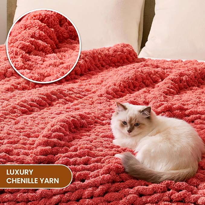 L'AGRATY Chunky Knit Throw Blanket for Couch, 50 x 60 Inches, Coral Pink | Handmade Chenille Crochet Blanket for Sofa Bed, Thick Cable Knitted Blankets for Room Home Decor, Birthday Gift for Women Mom
