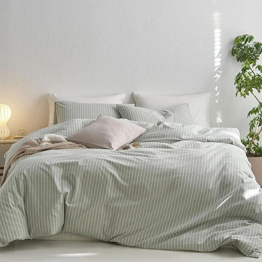 MooMee Striped Duvet Cover Set 100% Washed Cotton Linen Like Queen | Relaxed Linen-like Texture. Soft, Breathable & Long-lasting Comfort. Lightweight. Hidden Zipper with 8 Interior Corner Ties