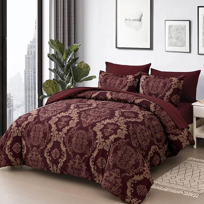 WONGS BEDDING Burgundy Comforter Set Full Size, Maroon Damask Texture 7 Pieces Bed in a Bag Microfiber Comforter Bedding Sets -1 Comforter, 1 Flat Sheet, 1 Fitted Sheet, 2 Pillow Shams,2 Pillowcases