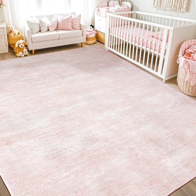 8x10 Washable Area Rug, Pink Solid Area Rugs for Living Room & Bedroom | Stain-resistant & Non-slip backing,Low Pile Washable Large Carpet, Solid Vintage Style For High Traffic Areas(8x10,Pink)
